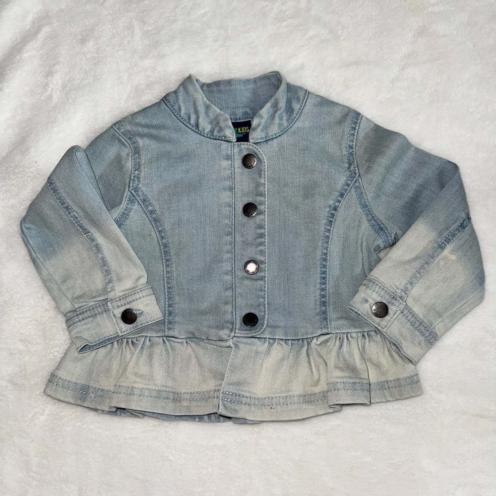 Chic Light Blue Kids Denim Jacket with Ruffle Hem